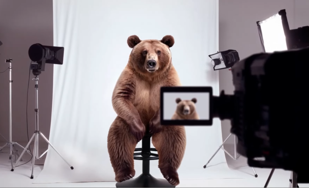 Joy the Bear sitting in interview chair